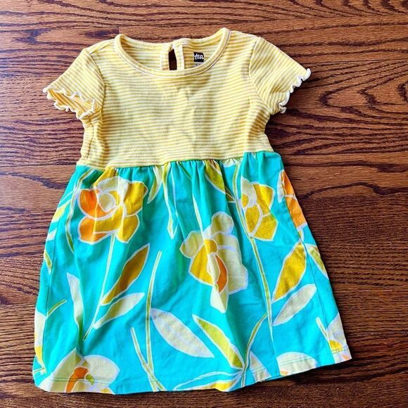 Tea Collection Yellow Stripe and Floral Short Sleeve Toddler Girl Dress 18-24 m - Picture 1 of 4